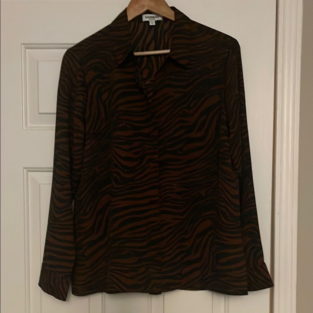 Express Brown Fitted Long Sleeve Button Down Shirt